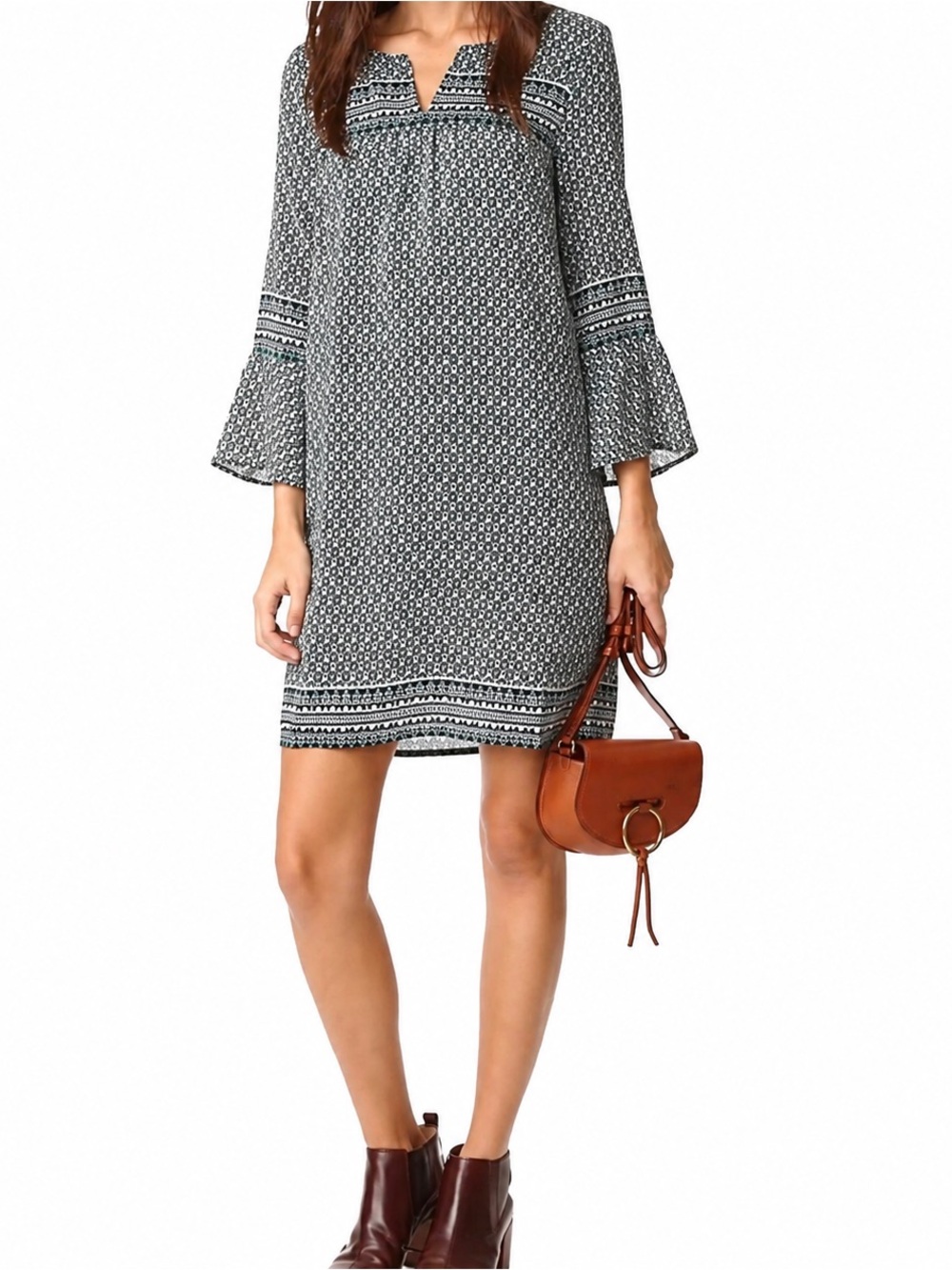 Madewell 100% Silk Green Print Shift Dress Size L Bell Sleeve Classic Capsule